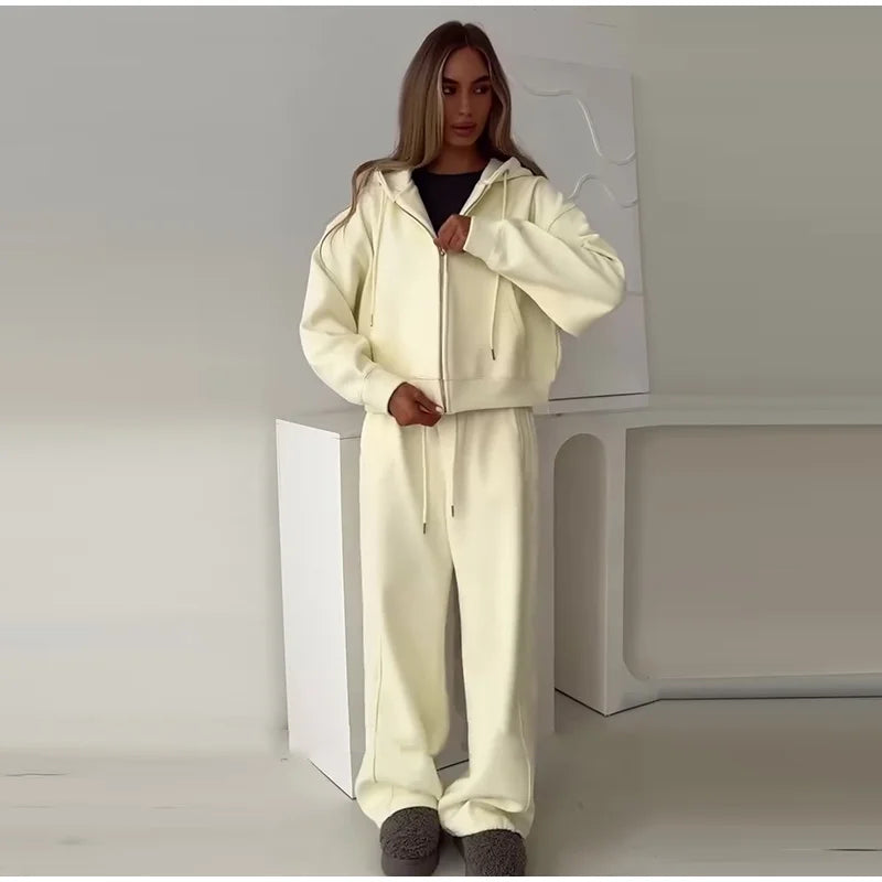 Casual Hooded Jacket and Wide Leg Pants Set for Women