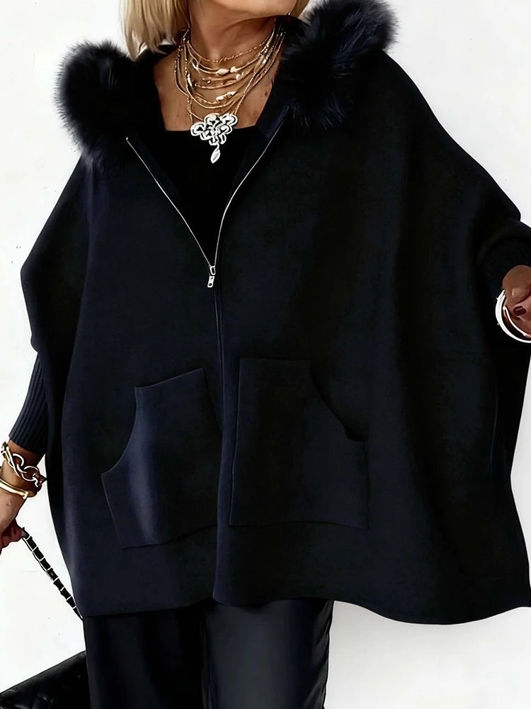 Autumn Winter Long Batwing Sleeve Chic Sweater Coats, Women Pocket Patchwork Simple Cardigan, Loose Casual Hooded Top Streetwear