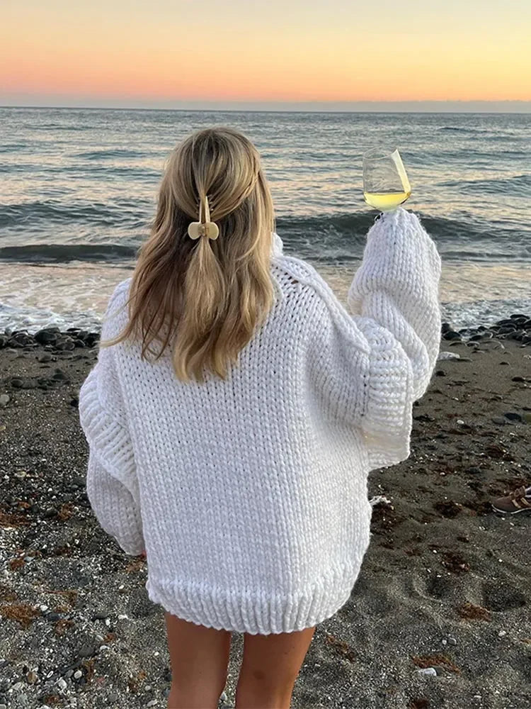 Oversized Knit Turtleneck Sweater With Lantern Sleeves For Women