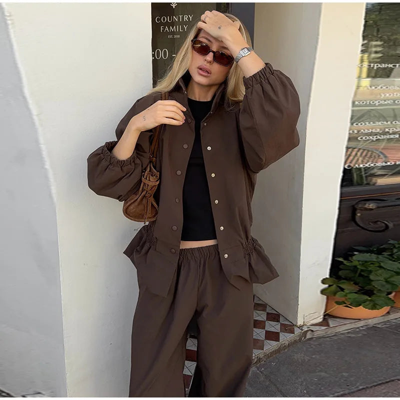 Ruffle Hem Jacket and Jogger Pants Two Piece Set for Women