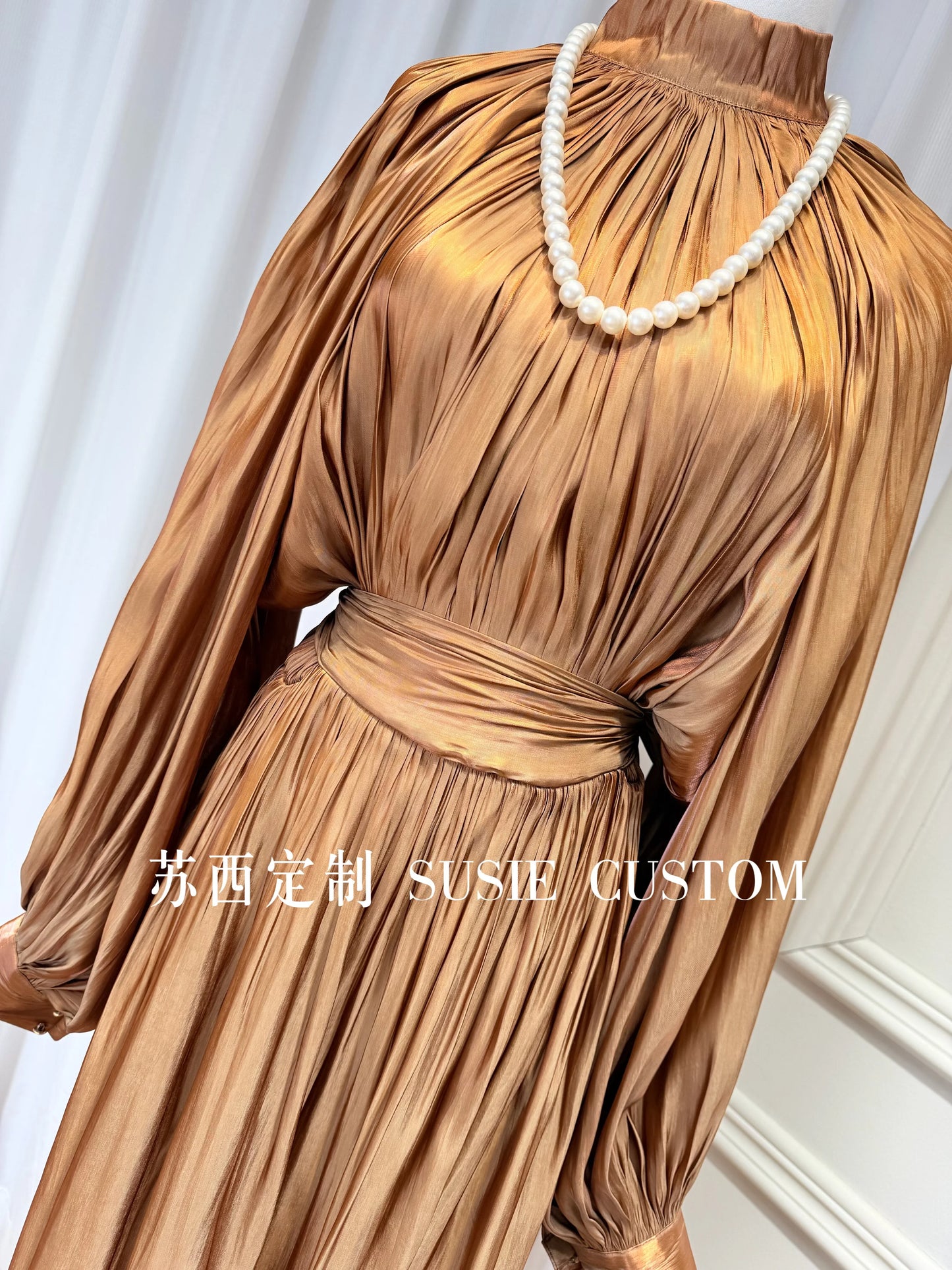 French Retro Palace Stand Collar Pleated Waist Tie Lantern Sleeves Large Swing Long Dress High Waist Elegant Vacation Dress