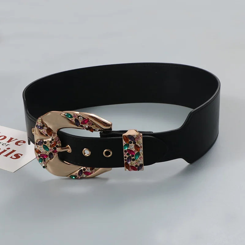 Elegant Rhinestone Wide Faux Leather Belt for Women