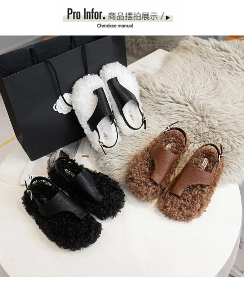 Cozy Plush Buckle Strap Flat Toe Slippers for Women