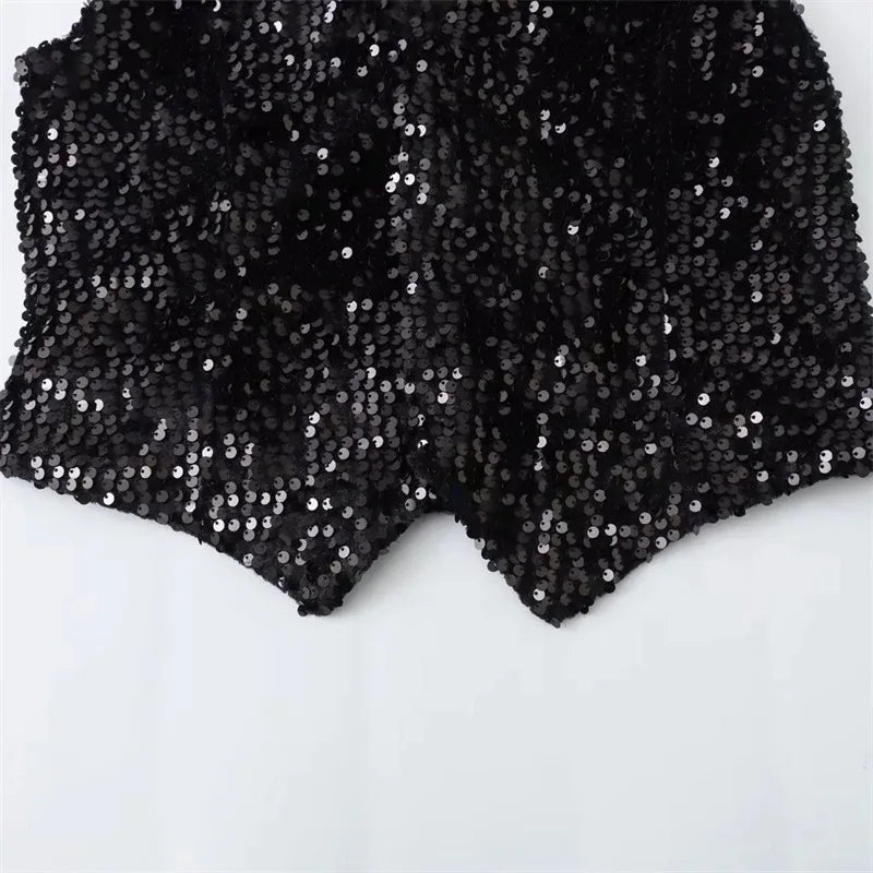V Neck Single Breasted Sequin Sleeveless Waistcoat for Women