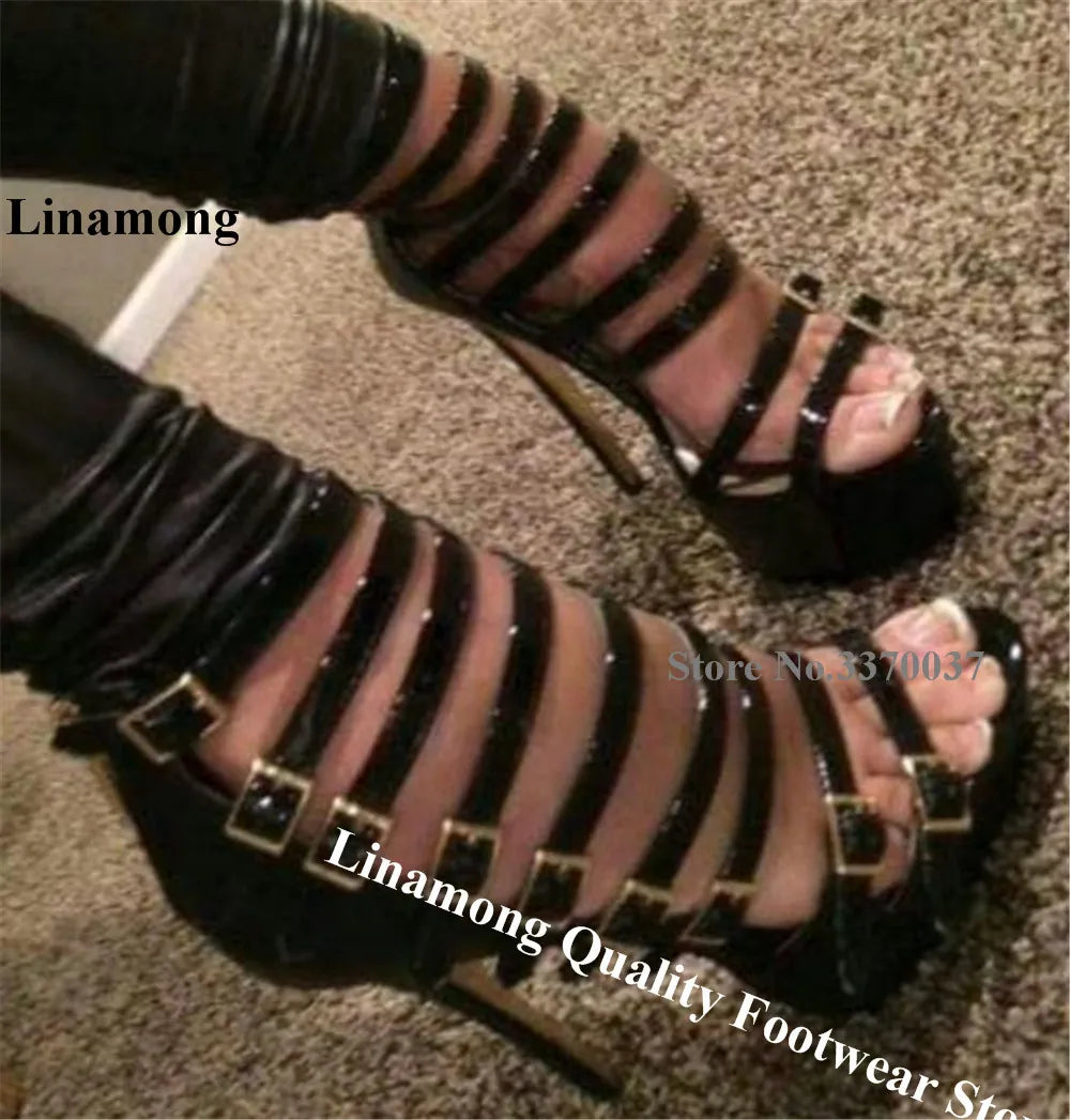 Black Patent Leather Platform Stiletto Sandals for Women