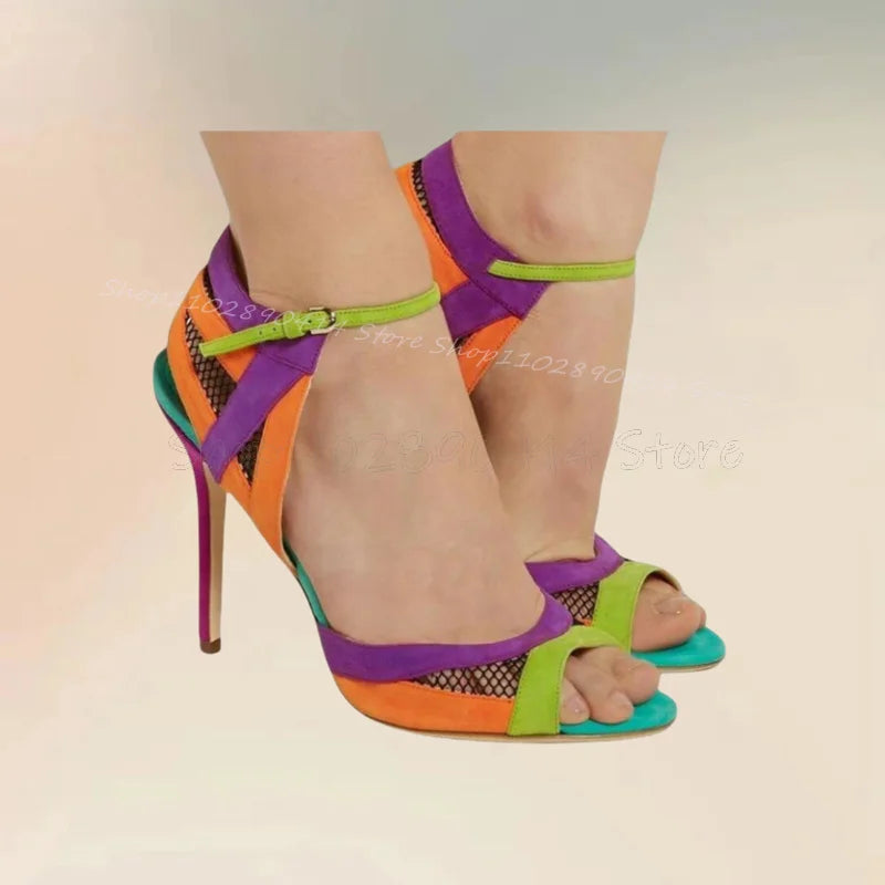 Mixed Color Mesh Sandals with Ankle Buckle for Women