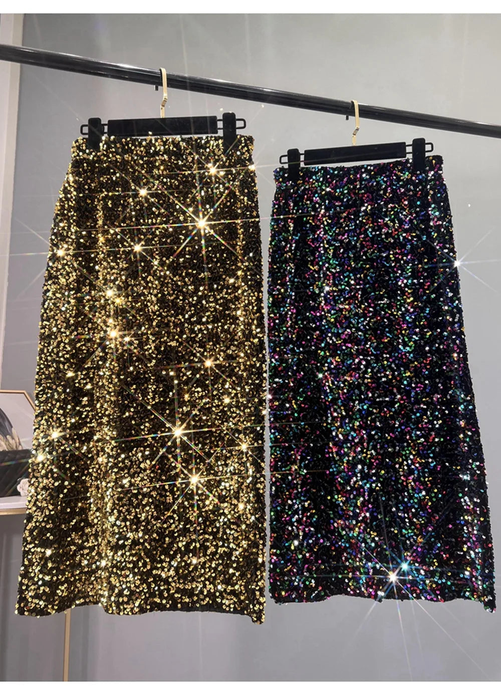 Blingbling New Autumn Winter All-match Mid-long Bodycon Skirt Colorful Sequins Elastic High Waist Slimming Lady Pencil Skirts