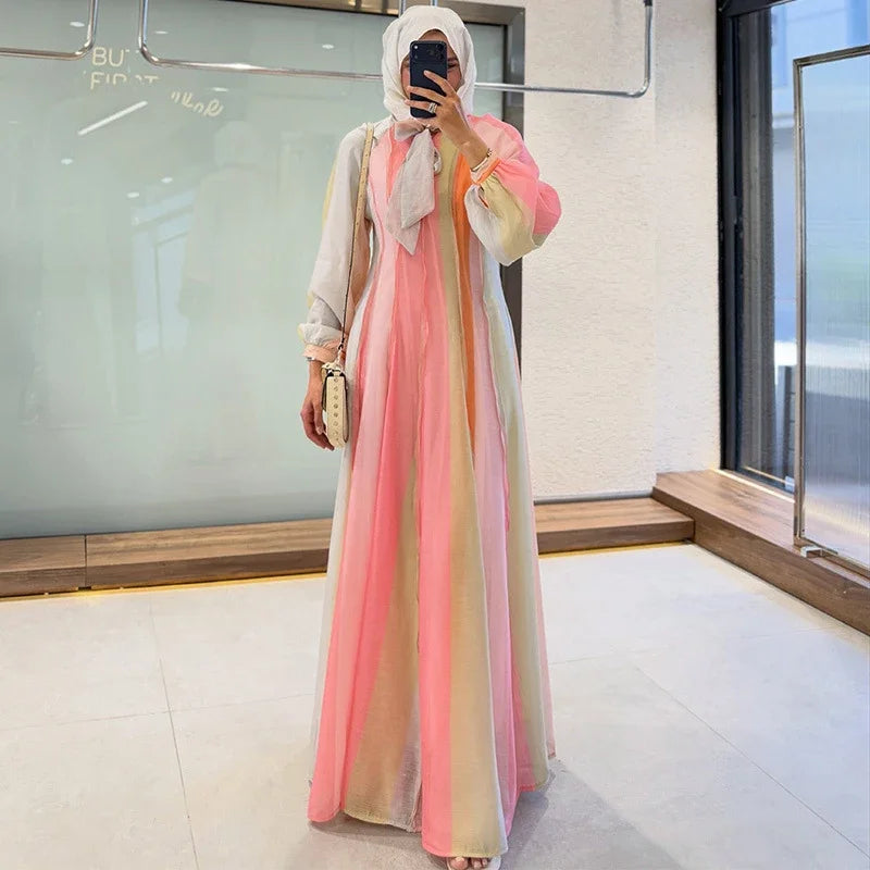 Elegant Chic Color Stripe Balloon Sleeve Dress for Women