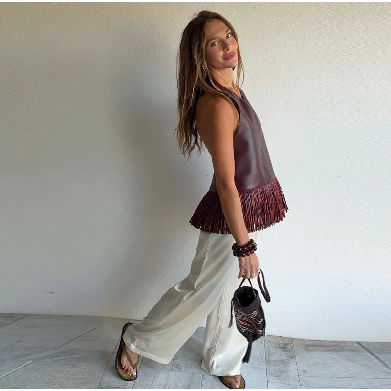 Faux Leather Patchwork Fringe Halter Top for Women