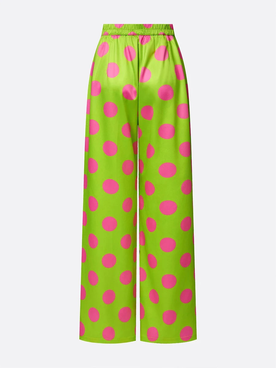 Bonboho Women's High Waist Polka Dot Pants Bright Green with Pink Dots Wide Leg Trousers 2026 Summer Casual Commuter Bottoms