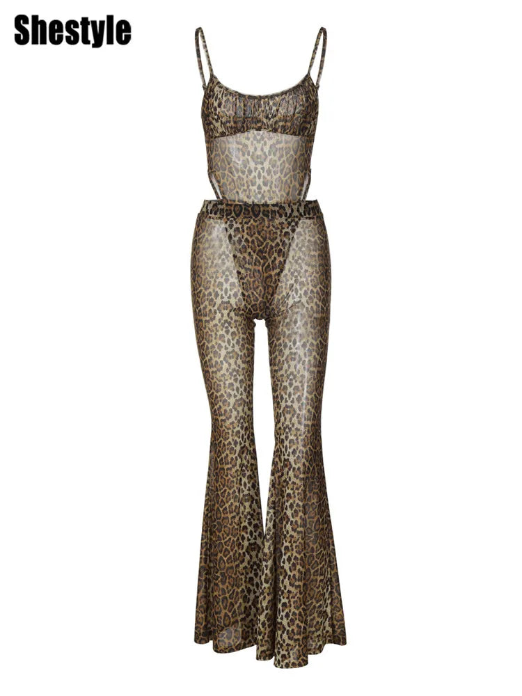 Leopard Mesh Bodysuit And Flare Pants Set for Women