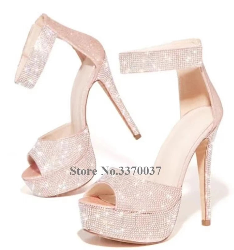 Crystal Rhinestone Peep Toe Platform Stiletto Pumps For Women