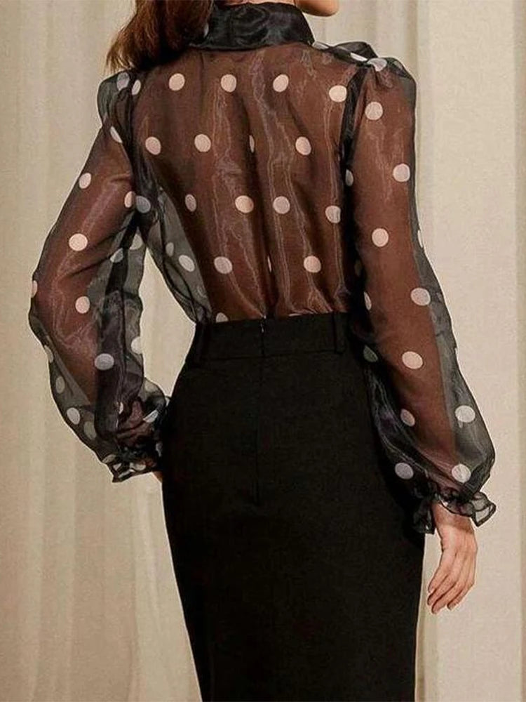 Polka Dot Lace Up Bow Blouse