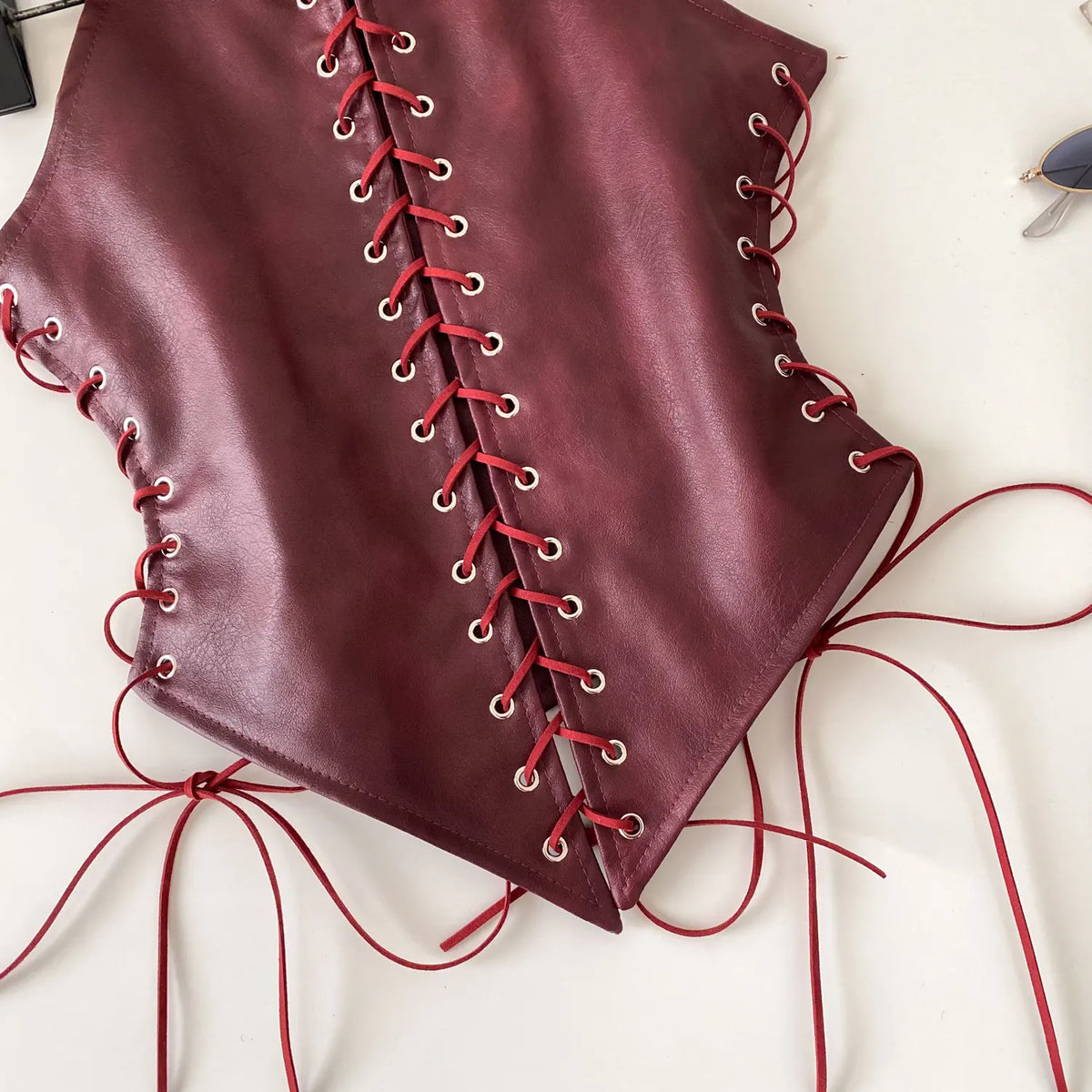 Retro Lace Up Faux Leather Sleeveless Bustier Top for Women