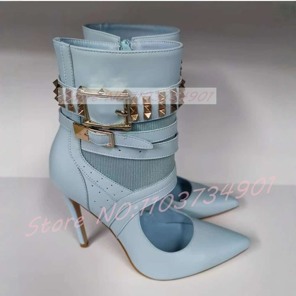 Blue Leather Studded Buckle Strap Cut-Out Ankle Boots for Women