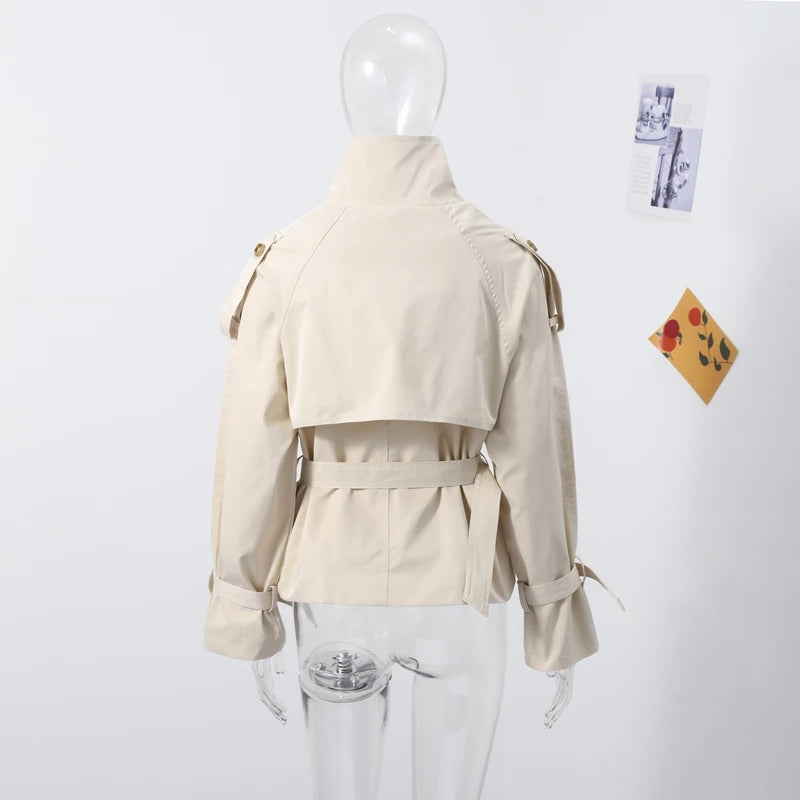 Chic Belt Women's Coat Elegant Stand Collar Full Sleeve Single Breasted  Female Jacket 2025 Autumn Fashion Commuter Windbreaker