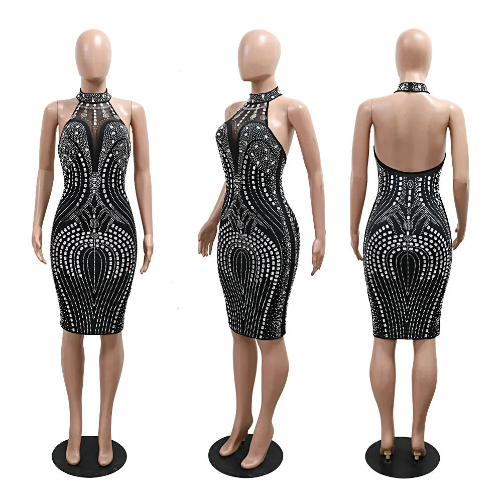 Rhinestone Embellished Sleeveless Bodycon Midi Dress for Women