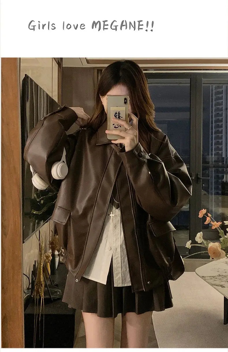 Short American Retro PU Leather Baseball Jacket for Women