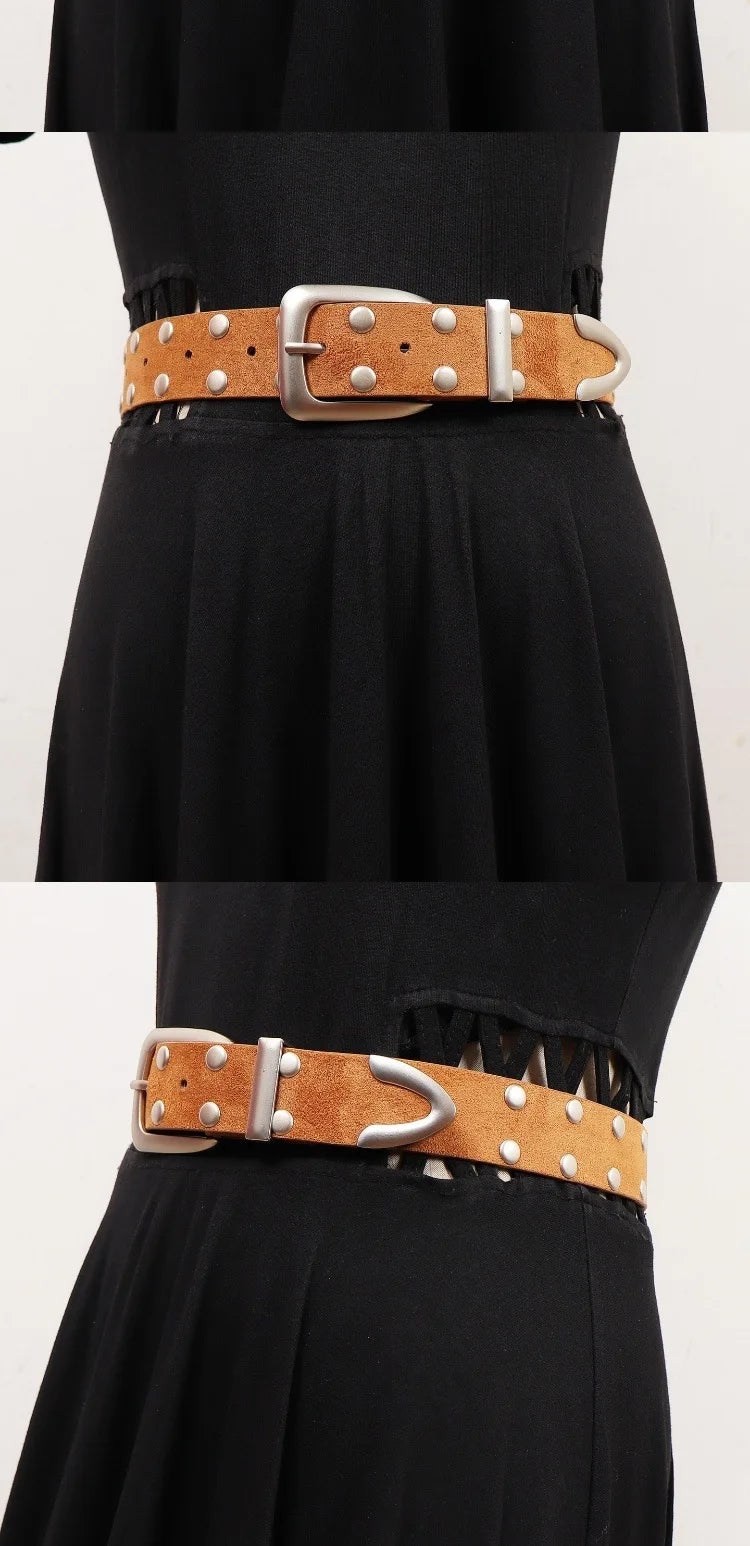 Retro Solid Color Suede Rivet Waist Belt for Women