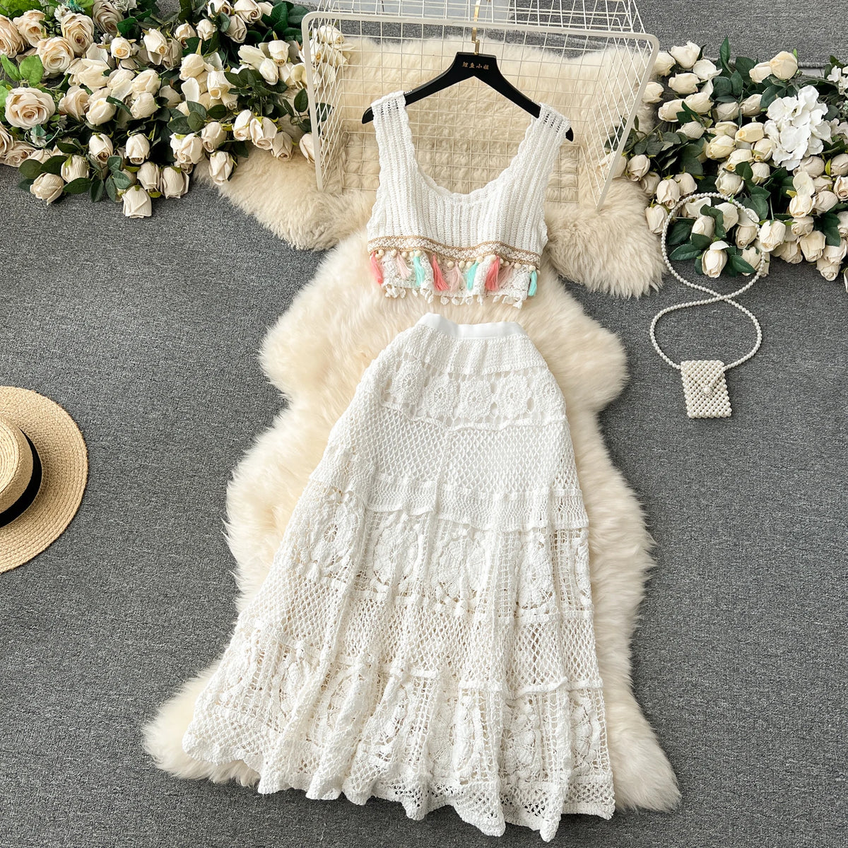 Bohemian Knit Tassel Crop Top and Skirt Set for Women