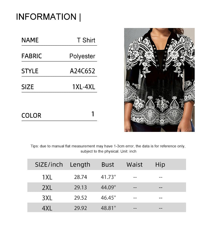 Plus Size Women's Flower Print Irregular Cuff T-Shirt Spring and Autumn Casual Quarter Sleeve Tops Women's