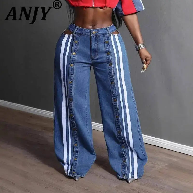 ANJY Spring Autumn New Women Streetwear Fashion Buttons Slit Striped Color Block Jeans Stylish Loose Wide-Leg Denim Pants A23331