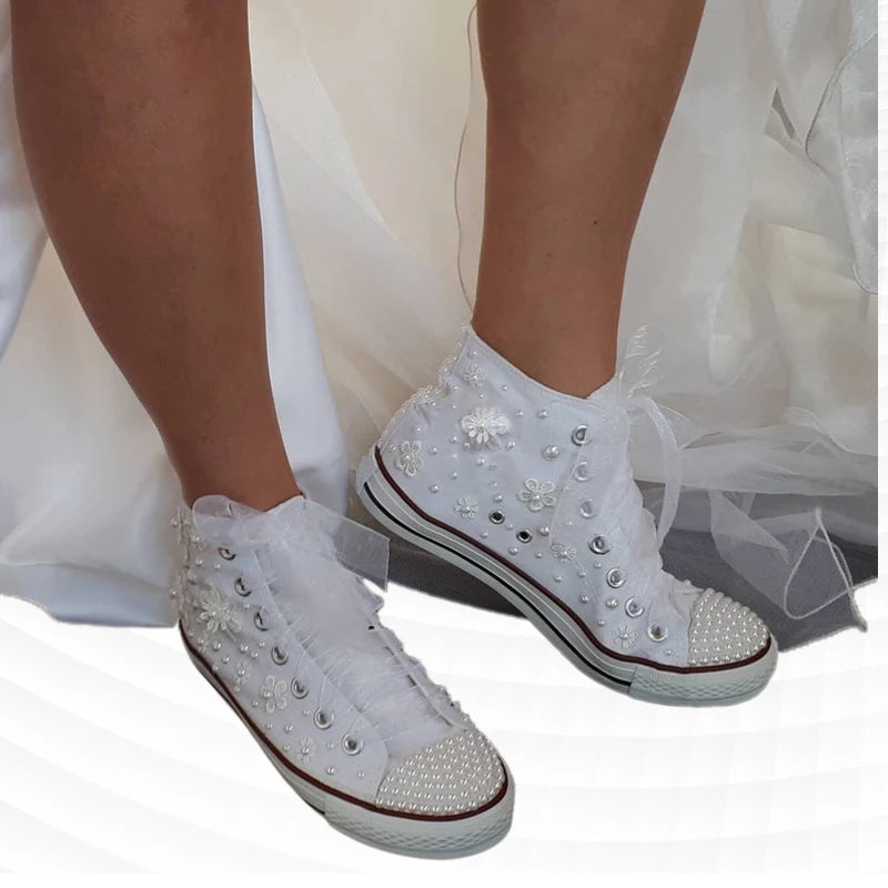 White Pearl Flower Lace-Up Wedding Sneakers for Women