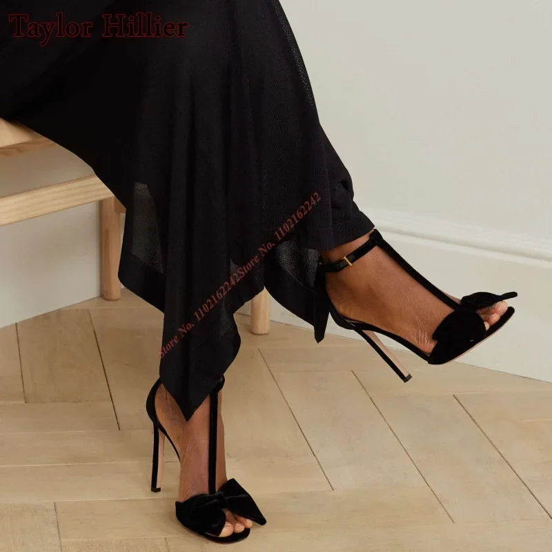 Velvet Bowknot Stiletto Sandals with Ankle Strap for Women