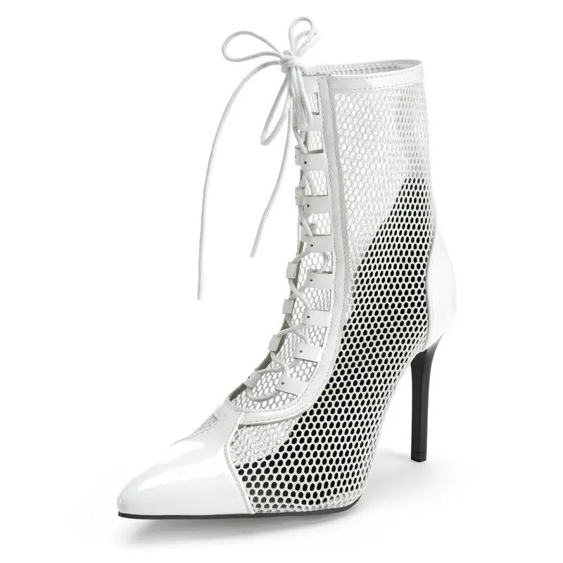Breathable Mesh Pointy Toe Lace Up Thin Heel Ankle Boots for Women