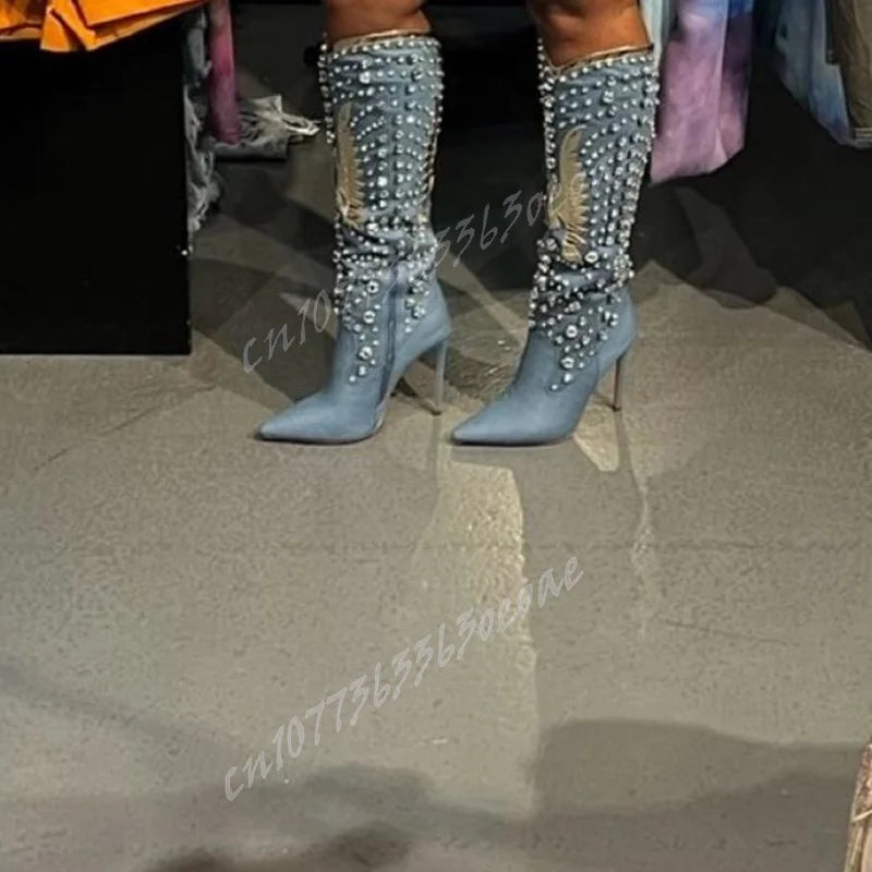 White Wing Decor Chunky Heels Boots Crystal Knee High Pointed Toe Shoes for Women Matte Leather Shoes 2025 Zapatos Para Mujere