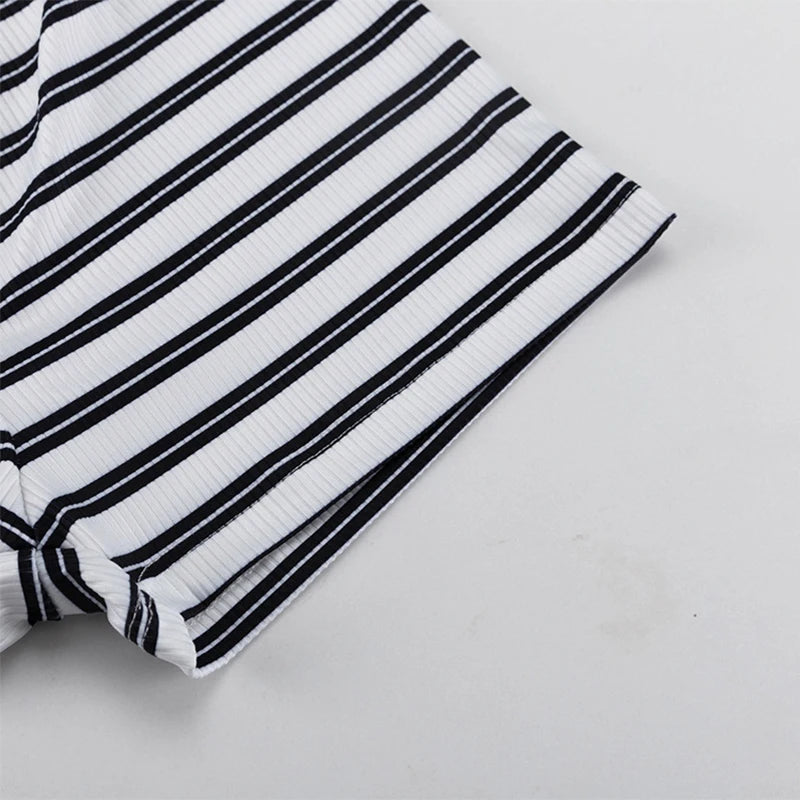 Striped Knit Top and Shorts Set with Button O Neck for Women