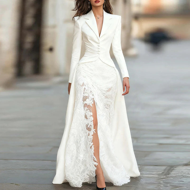 Winter Elegant Lace Patchwork Occasion Set Sexy V-neck Button Top & Long Skirt Suit Casual Long Sleeve Solid Slim Party Outfits
