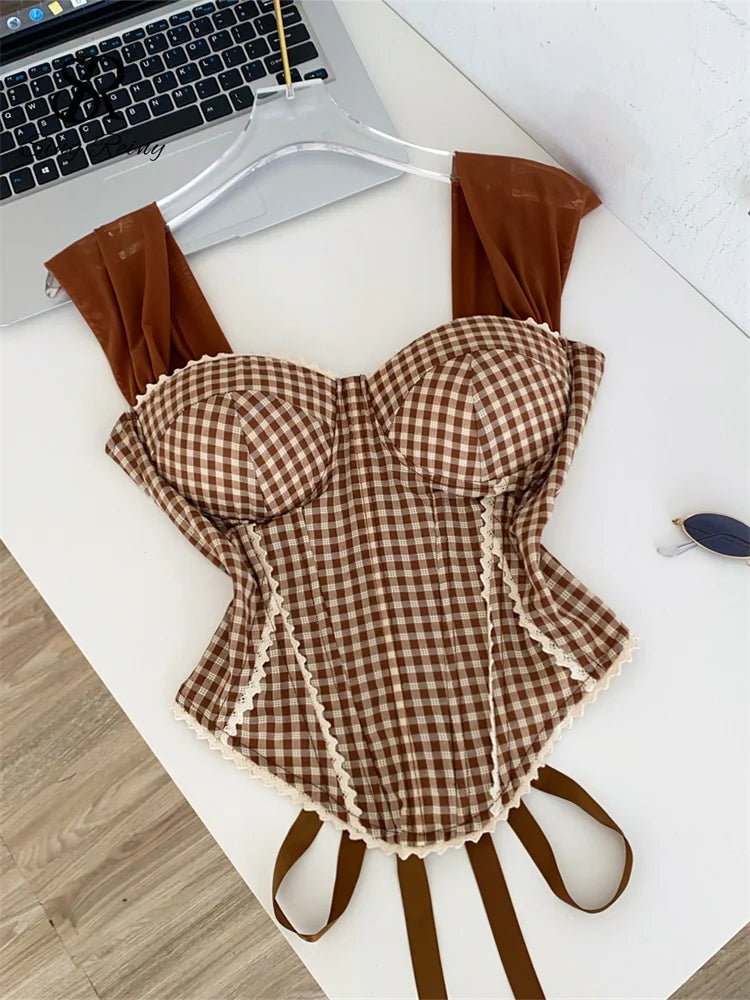 Retro Gingham Lace Up Bustier Corset Top for Women