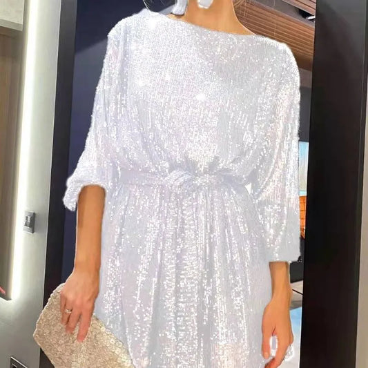 Sparkly Puff Long Sleeve Party Dress with Belt for Women Glitter Beaded Mini Dress Loose Wedding Bridesmaid Ladies Short Dresses