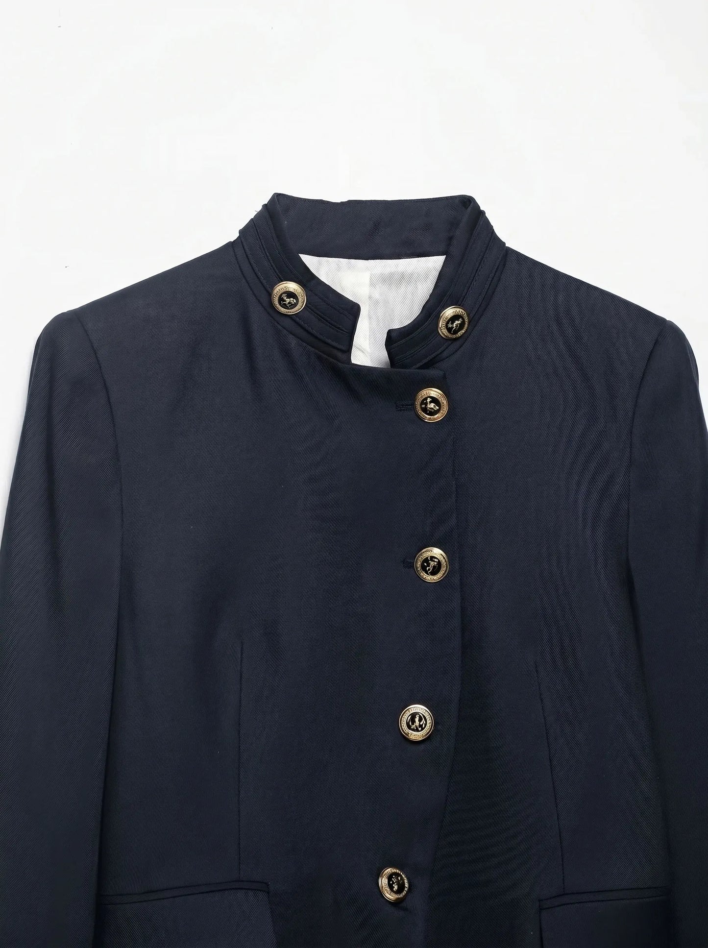 Stand Collar Single Breasted Navy Blue Coat for Women