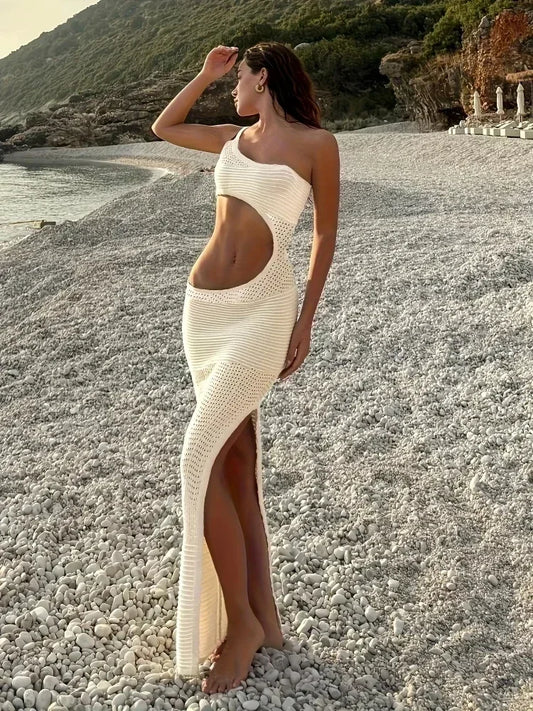 Women Y2k Knit Wrap Beach Maxi Dress Cut Out Beachwear Cover Up Sexy One Shoulder Crochet Bodycon Dress Party Club Outfit K25