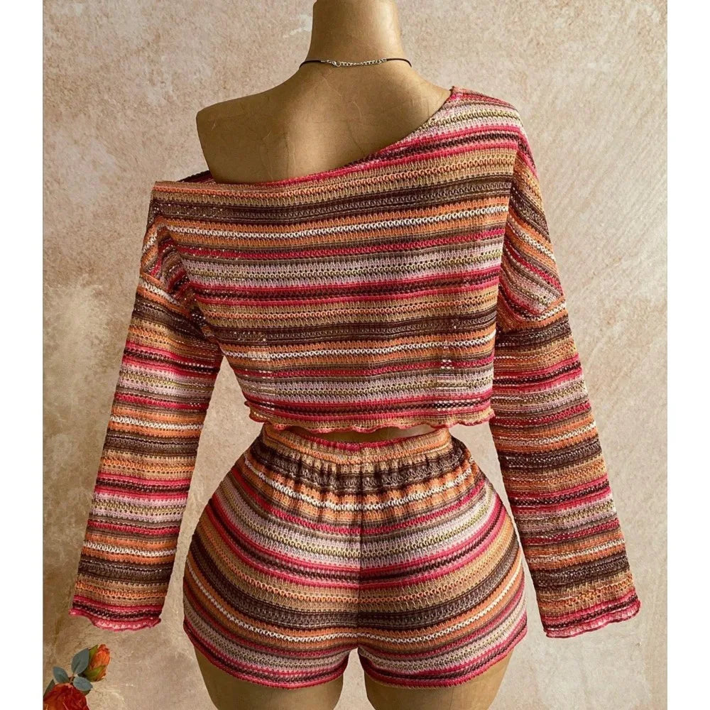 Slanted Shoulder Knit Two Piece Shorts Set for Women