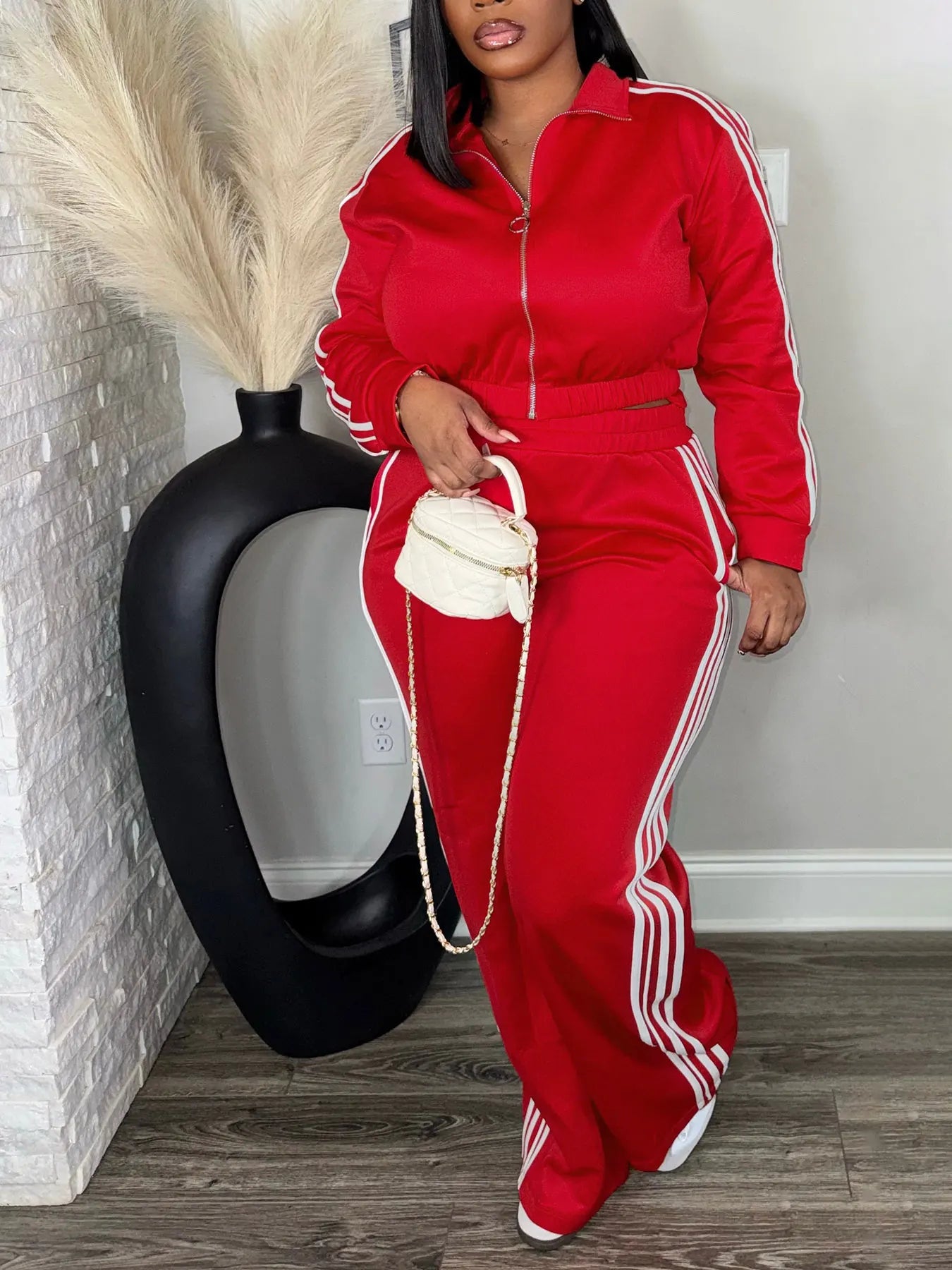 Women’s 2 Piece Tracksuit Set Zip-Up Top + High Waist Pants Side Stripe Casual Outfit