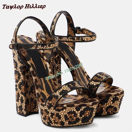 Open Toe Leopard Print Rhinestone Platform Heels for Women