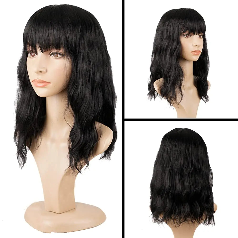 Natural Brown Synthetic Curly Wavy Bangs Bob Wig for Women