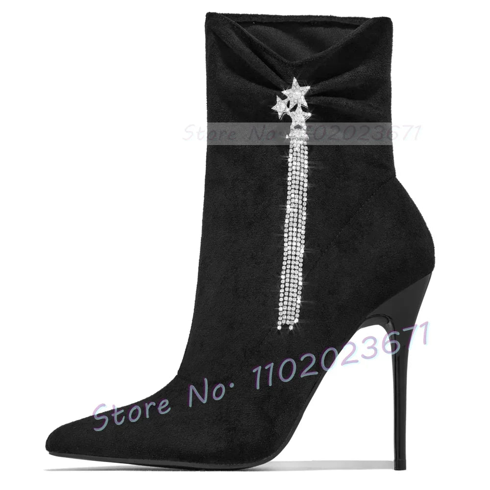 Pink Crystal Rhinestone Fringe High Heel Ankle Boots for Women