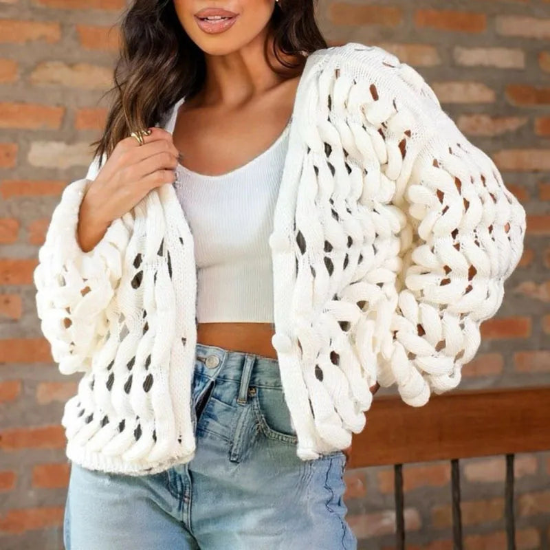 Fashion V Neck Single Breasted Crochet Jacket Woman Sexy Hollow Out Long Sleeve Knitted Sweater Casual Pure Soft Cardigan Jumper