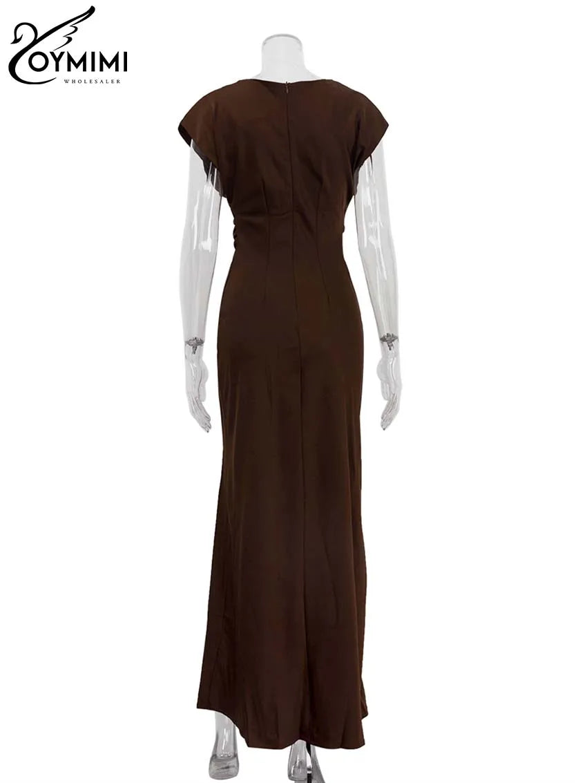 Oymimi Elegant Brown O-Neck Womens Dresses Fashion Short Sleeve Slim Solid Dresses Casual Slim Floor-Length Dress Streetwear