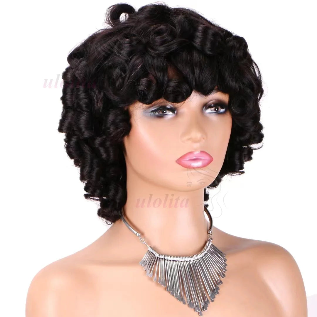 Bouncy Curly Pixie Bob Human Hair Wig With Bangs for Women