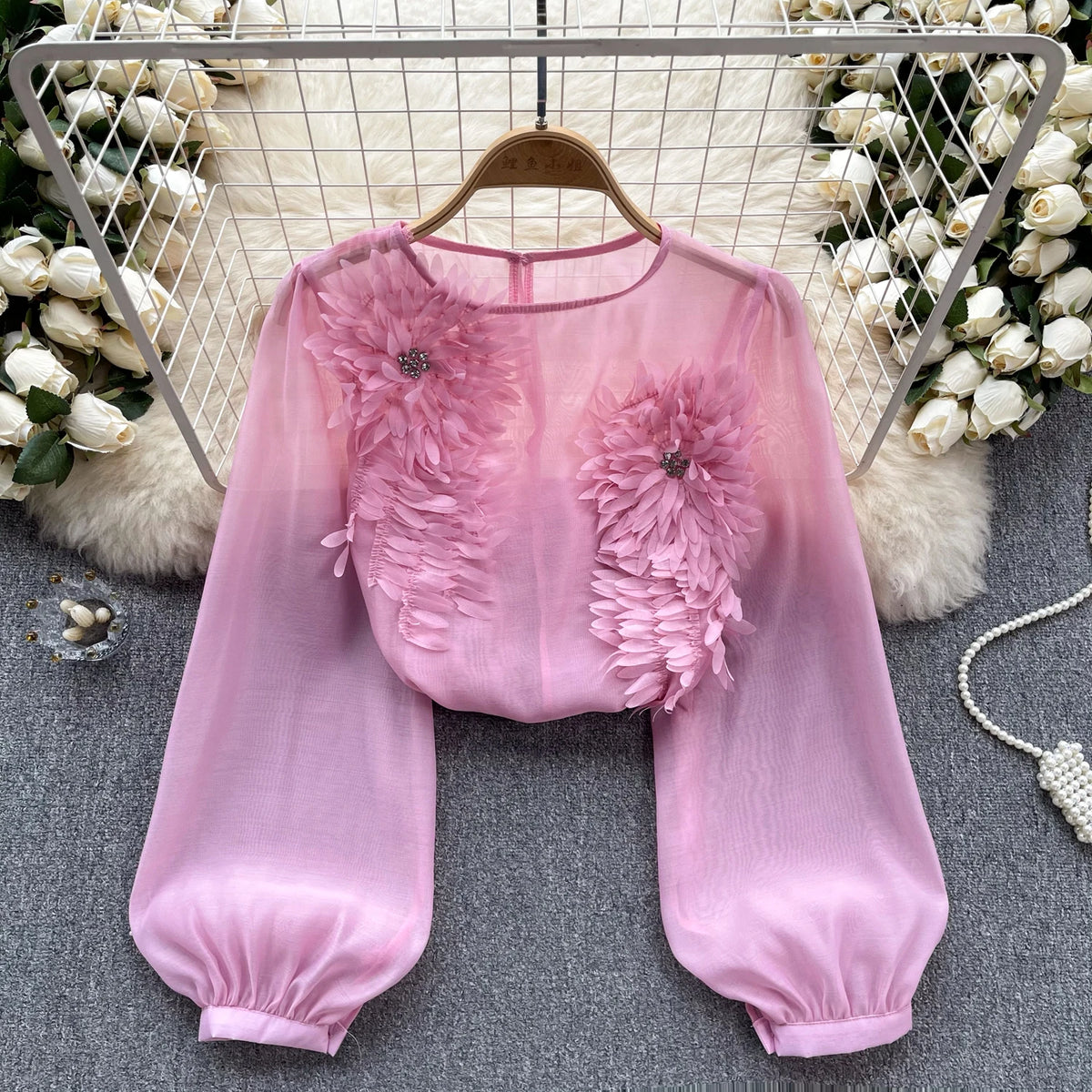 Sheer Floral Bohemian Long Sleeve Satin Blouse for Women