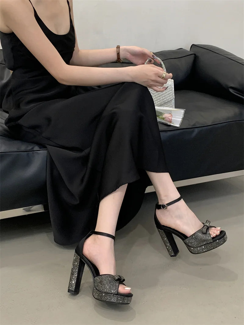 Crystal Bowknot Open Toe Platform Sandals for Women