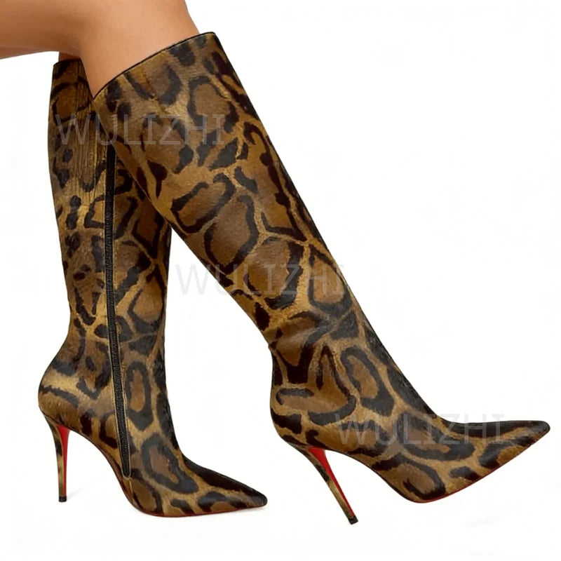 Leopard Print Faux Fur Knee High Stiletto Boots for Women