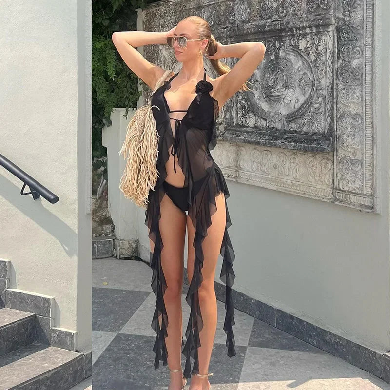 Y2K Sheer Mesh Spaghetti Strap Camisole Top White Ruffle Fringe Halter Tops Coquette Fairy Core Clothes 2024 Fashion