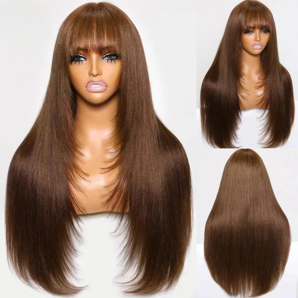 Natural Straight Layered Lace Front Wig With Bangs for Women