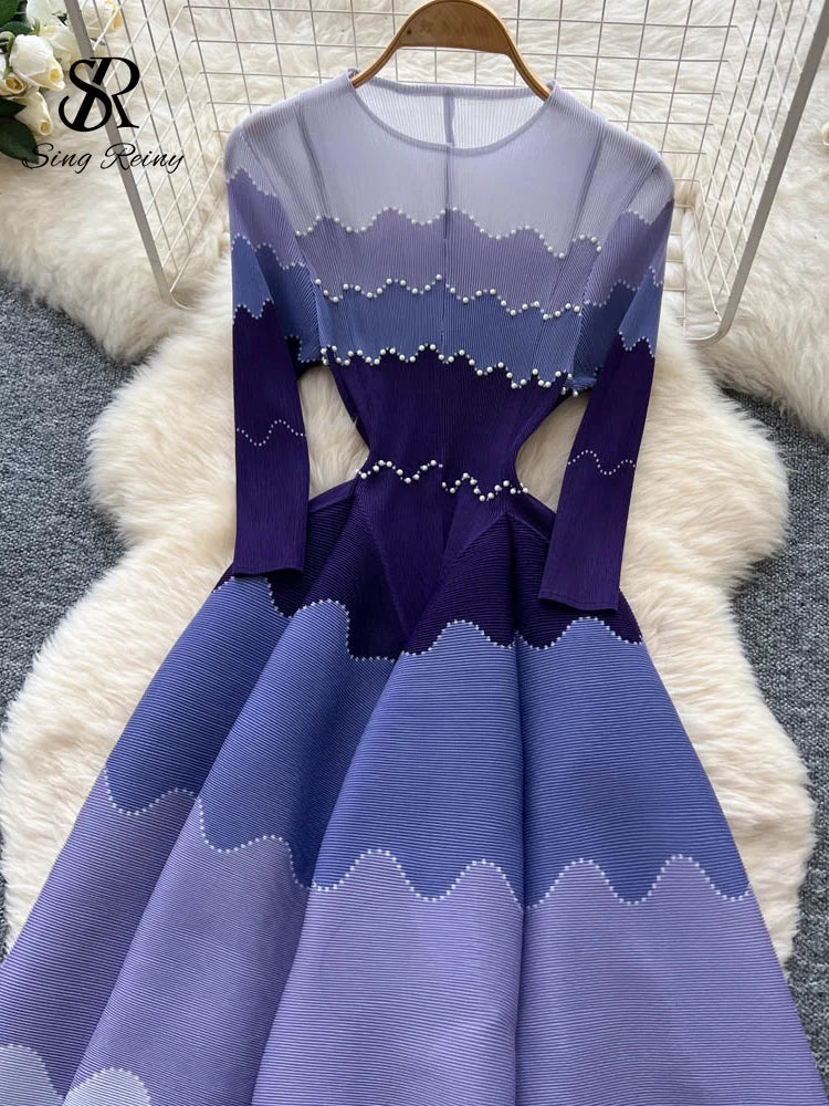 Wave Print Long Sleeve Ankle Length Evening Dress for Women